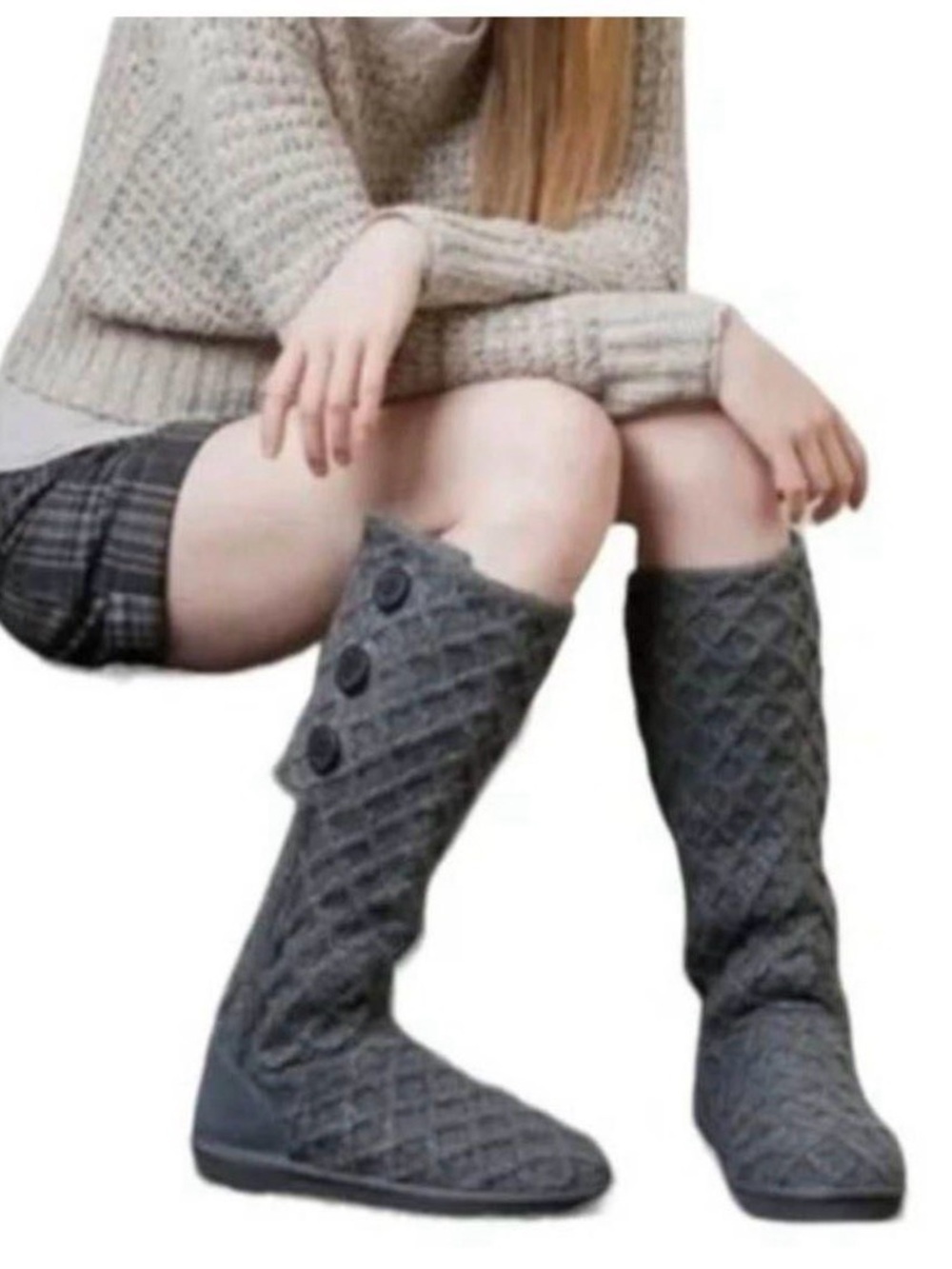 UGG Classic Cardi Cable Knit Gray Pull On Flat Knee High Sweater Boots Women’s 8